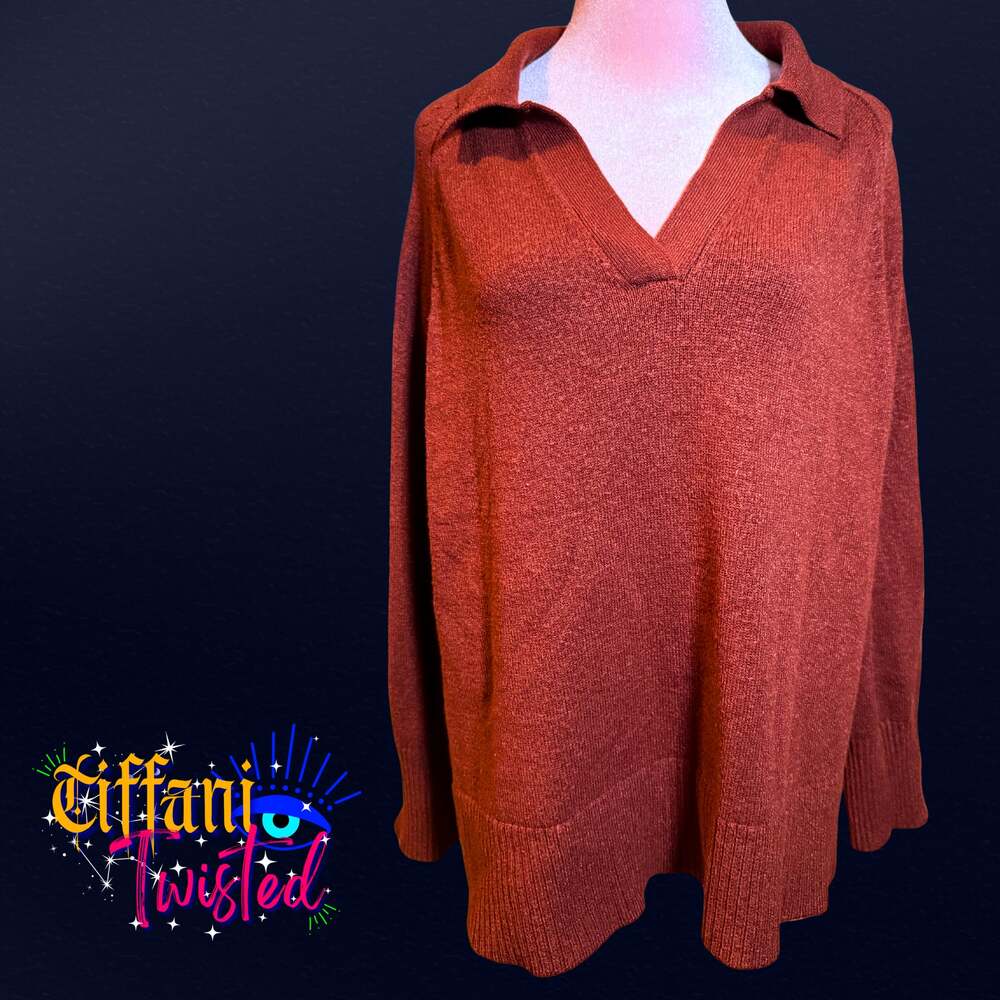 Ava & Viv Rust V-Neck Polo Knit Sweater – 1X